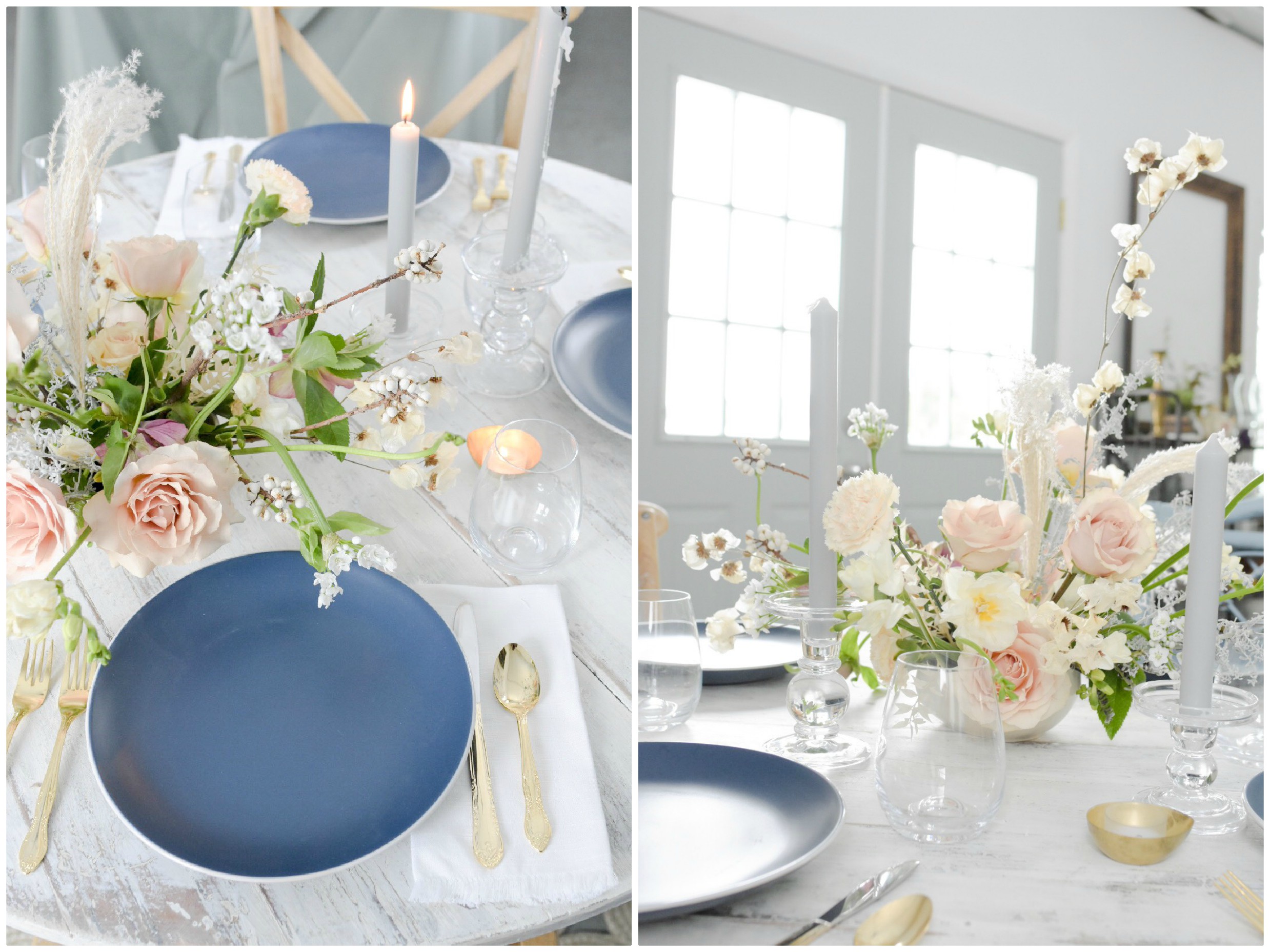 round whitewashed table with blue and dusty pink decor