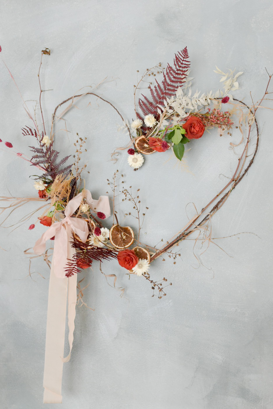 Organic fern and grapevine heart wreath