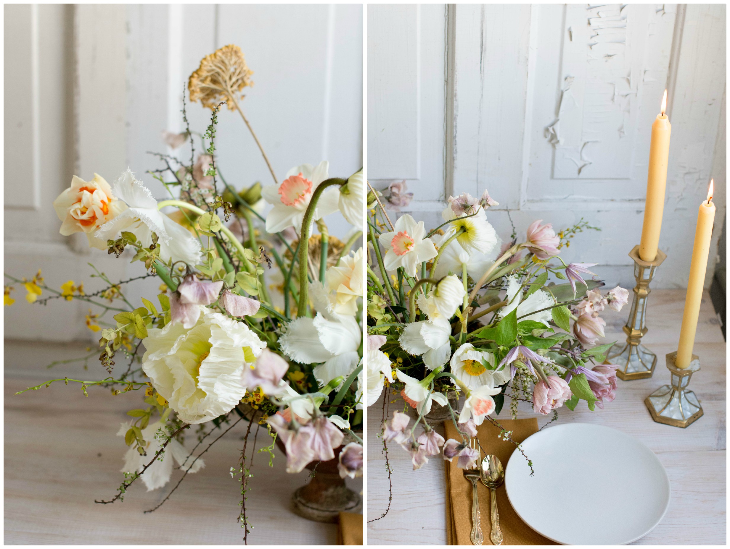 Yellow poppy centerepice for spring wedding flowers